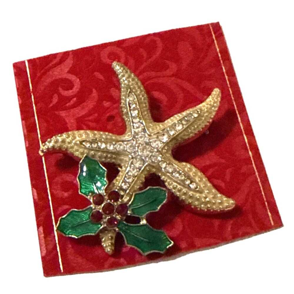 NWT Kohl’s Holiday Lane Starfish Christmas Brooch Rhinestones Enamel Pin 1.75”